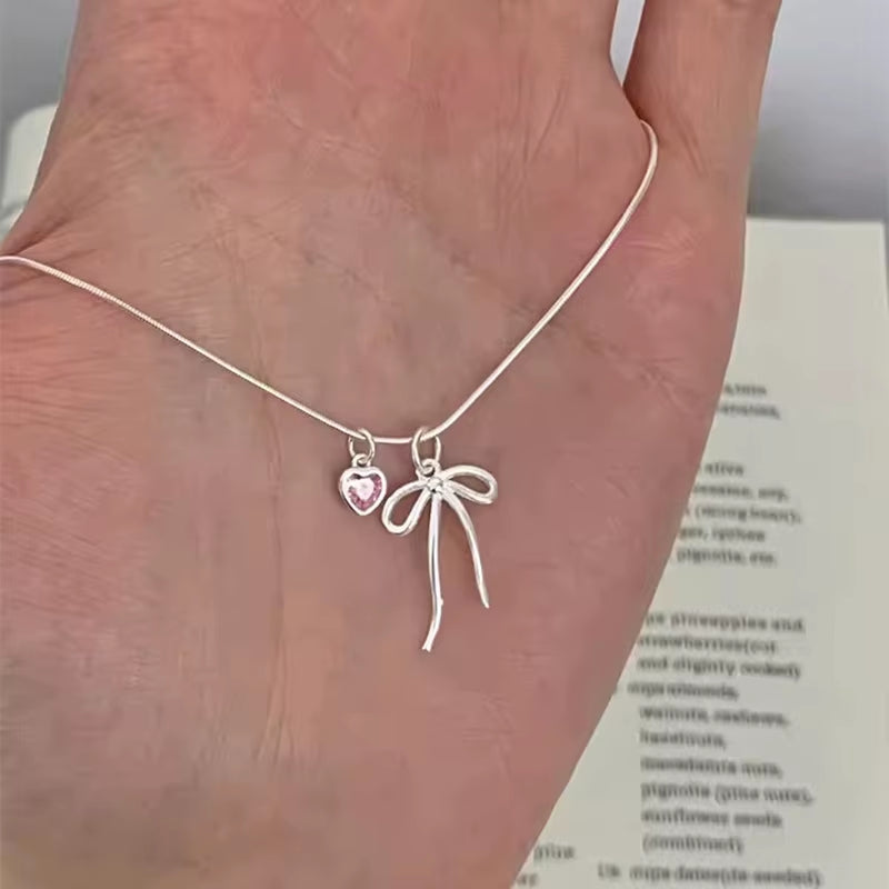 Pink Zircon Bowknot Pendant Necklaces for Women Girls Sweet Elegant Classic Simple Personality Engagement Jewelry Gifts