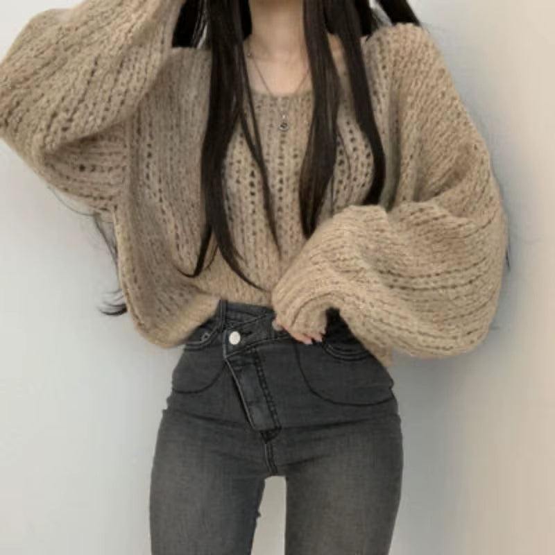Autumn and Winter Women'S Pullover round Neck Solid Color Hollow Lantern Long Sleeve Sweater Knitwear Fashion Casual Loose Tops