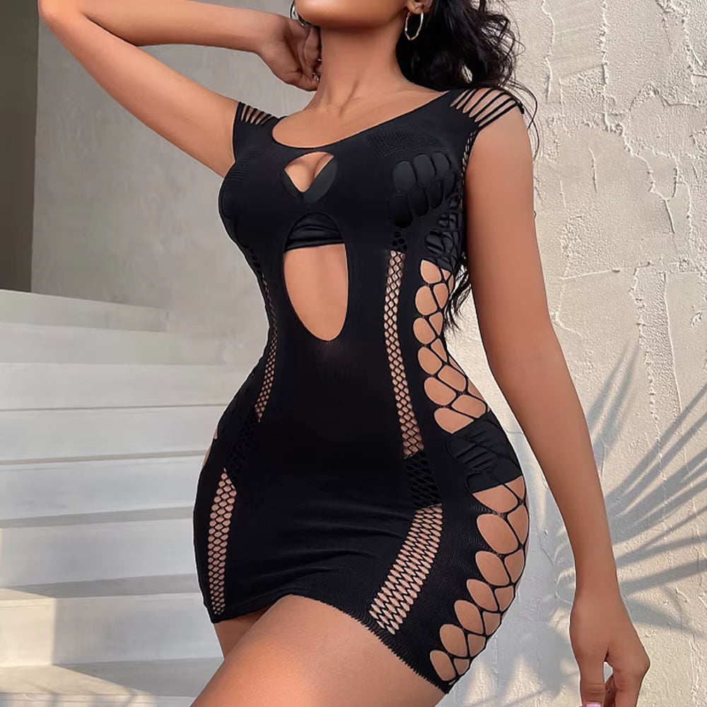 Sexy Women'S Bodycone Mini Dress Solid Color Fishnet See through Backless Clubwear Elastic Ladies Dresses