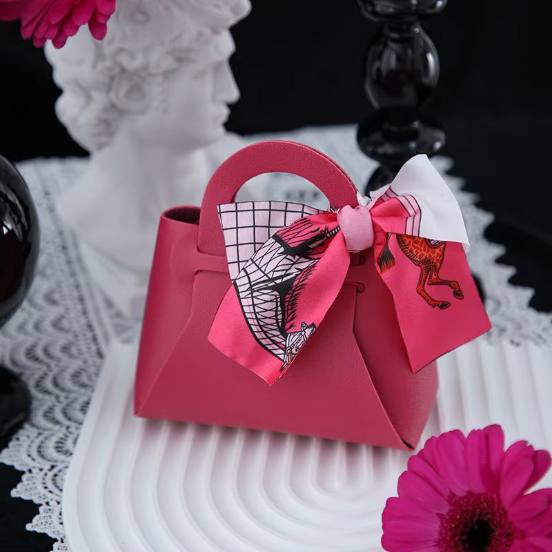 Mini Handbag with Ribbon Creative Foldable PU Leather Kids Gilrs Princess Handbag Coin Purses Wedding Decor Candy Bag Key Pouch