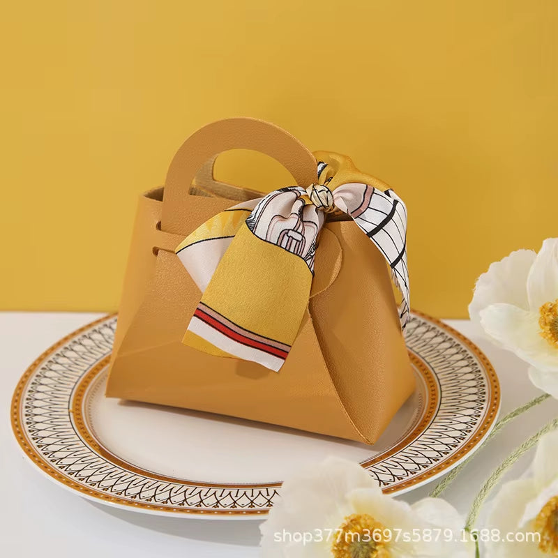 Mini Handbag with Ribbon Creative Foldable PU Leather Kids Gilrs Princess Handbag Coin Purses Wedding Decor Candy Bag Key Pouch