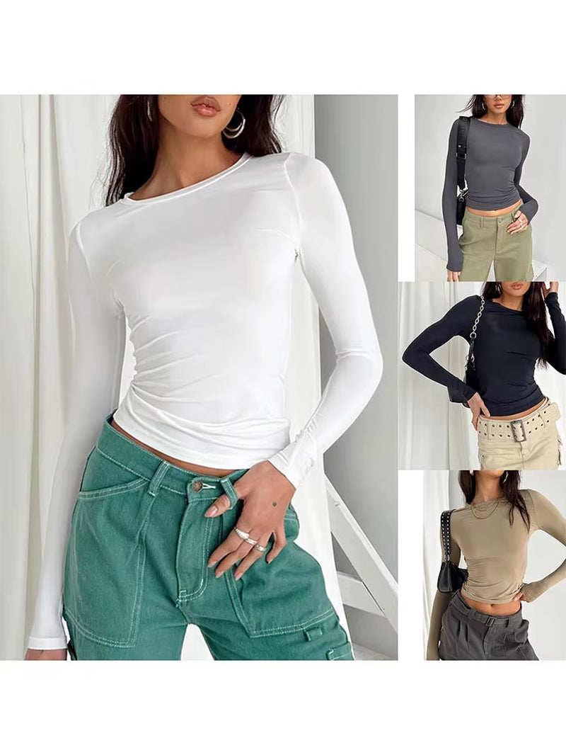 Women Casual Long Sleeve T-Shirts Spring Autumn Solid Slim Fit Pullovers Tees Shirts Female Streetwear Base Tees Tops Casual
