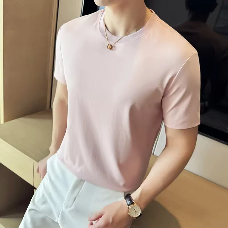 Mens T-Shirt 2024 Summer New Thin Ice Silk Pure Cotton Top round Neck T-Shirt Sports Fitness Running Casual Mens Clothing