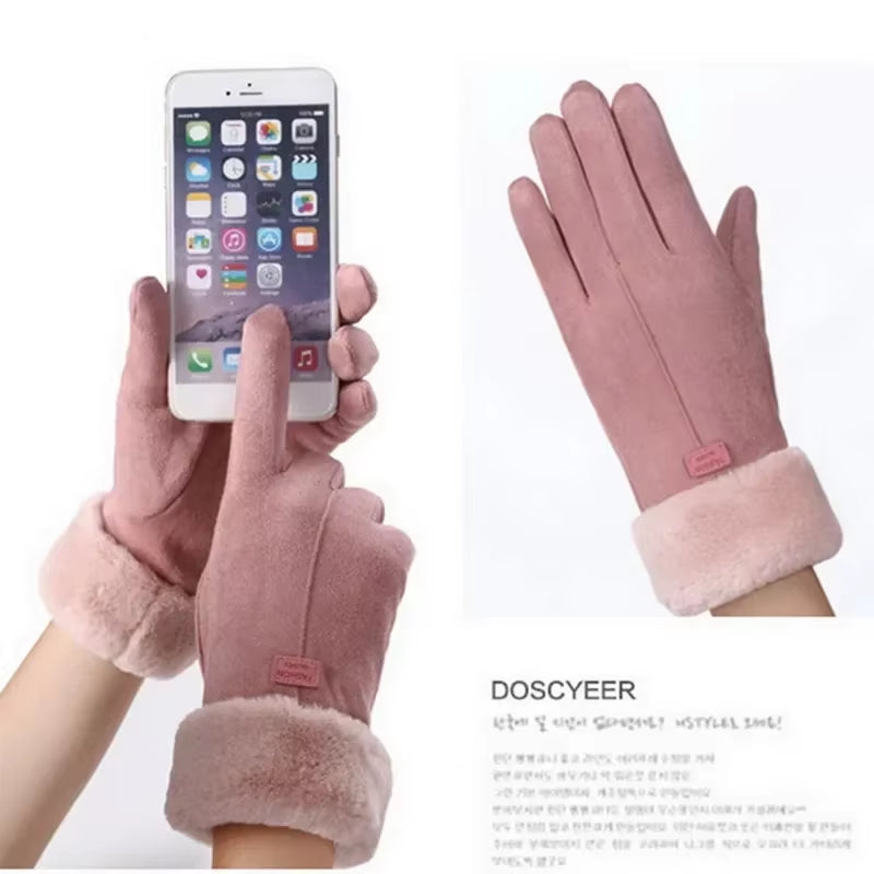 Women Winter Thick Plush Gloves Fashion Warm Suede Outdoor Guantes Lady Touchscreen Driving Gloves Sports Motos Cycling Mittens