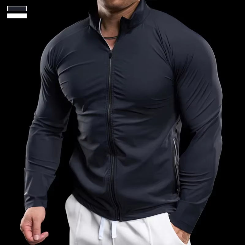 Men'S Sports Gym Jacket Running Fitness Training Long Sleeve Stretch Slim Standing Collar Tight Muscle Training Quick Dry Coat