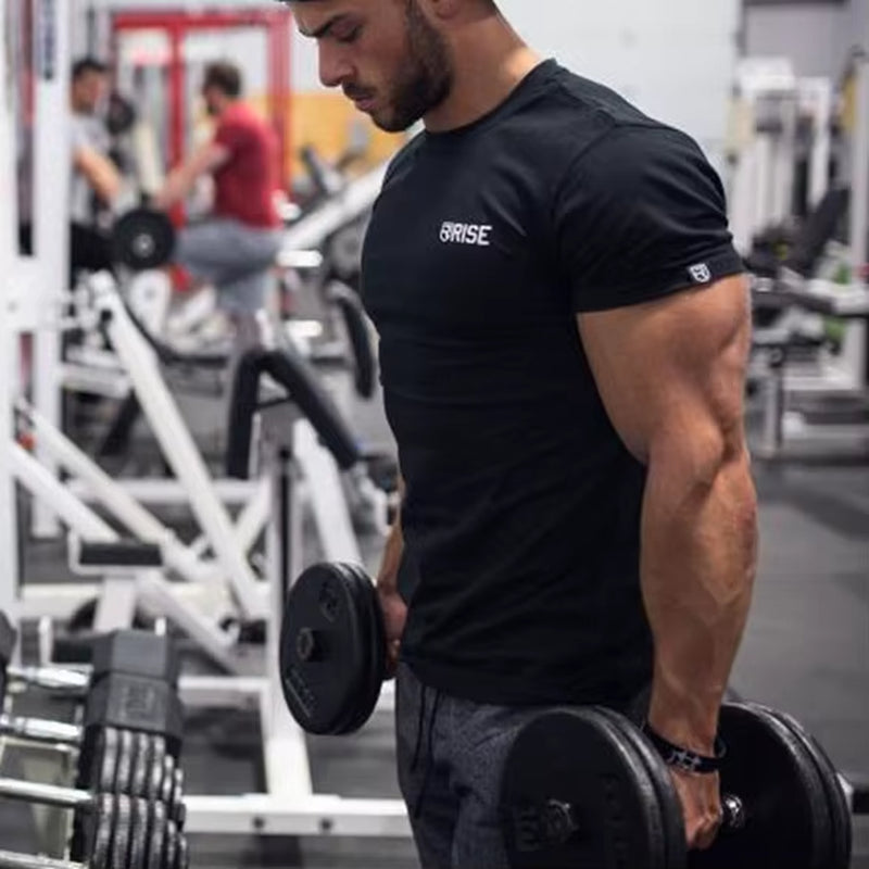 Short Sleeve Tshirt Cotton Stretch Breathable and Sweat-Wicking Slim Fit for Men Casual Workout Fitness Bodybuilding Shirt Tee
