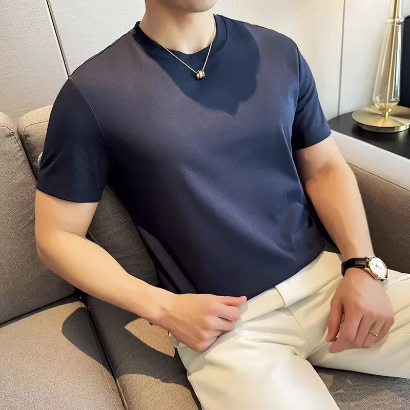 Mens T-Shirt 2024 Summer New Thin Ice Silk Pure Cotton Top round Neck T-Shirt Sports Fitness Running Casual Mens Clothing