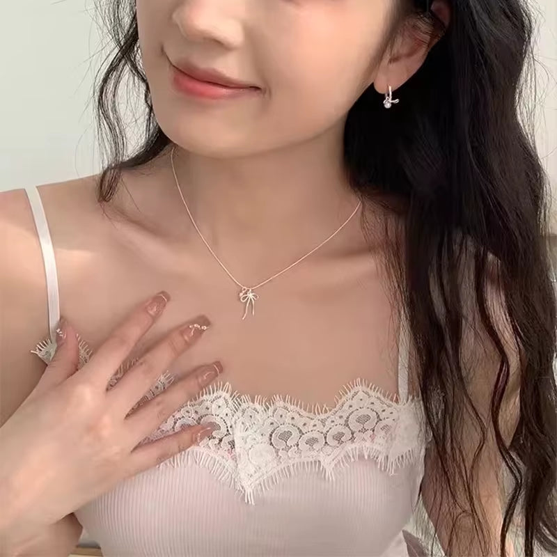 Pink Zircon Bowknot Pendant Necklaces for Women Girls Sweet Elegant Classic Simple Personality Engagement Jewelry Gifts