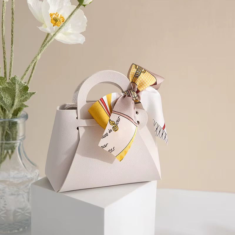 Mini Handbag with Ribbon Creative Foldable PU Leather Kids Gilrs Princess Handbag Coin Purses Wedding Decor Candy Bag Key Pouch