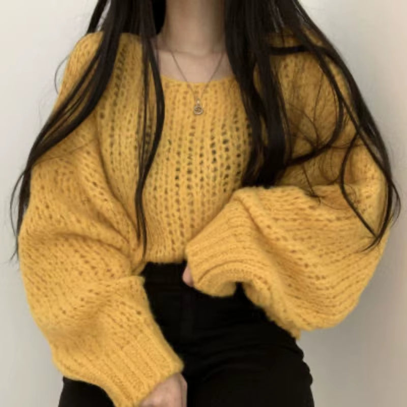Autumn and Winter Women'S Pullover round Neck Solid Color Hollow Lantern Long Sleeve Sweater Knitwear Fashion Casual Loose Tops