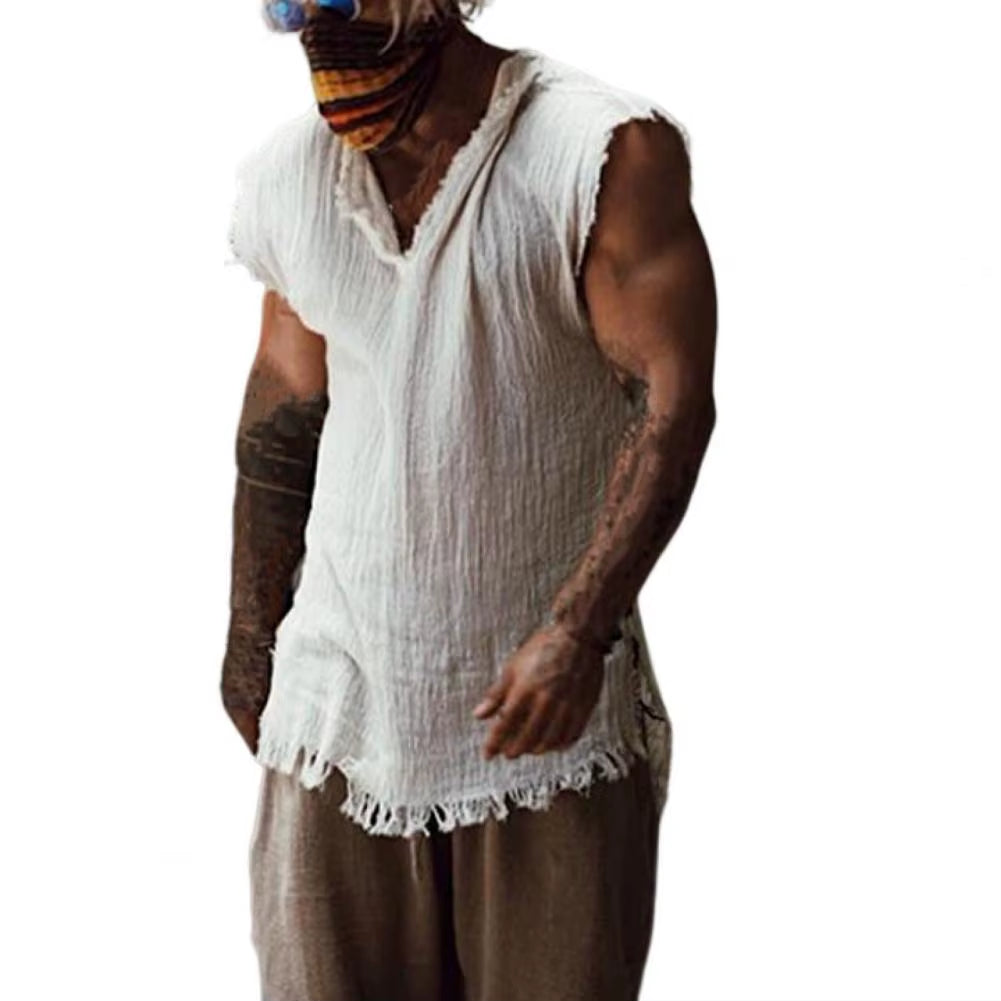 Men Vest Solid Color Casual Leisure Individual Old Style Loose Type Ripped Edge V Neck Sleeveless Men Tank Top Daily Clothes