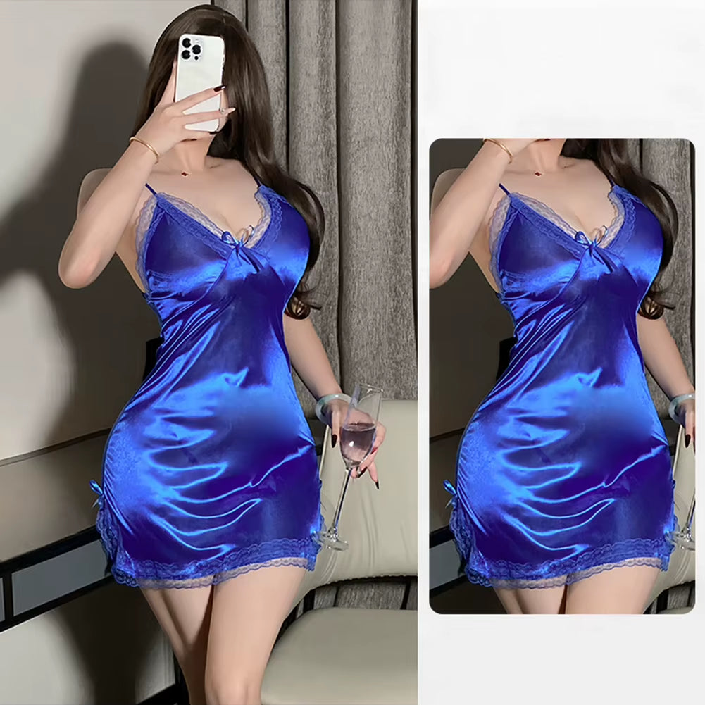 Sexy Women'S Translucent Nightwear Satin Suspender Short Nightdress Thin Lace Slit Bow Female Exotic Nightgown Sleepwear