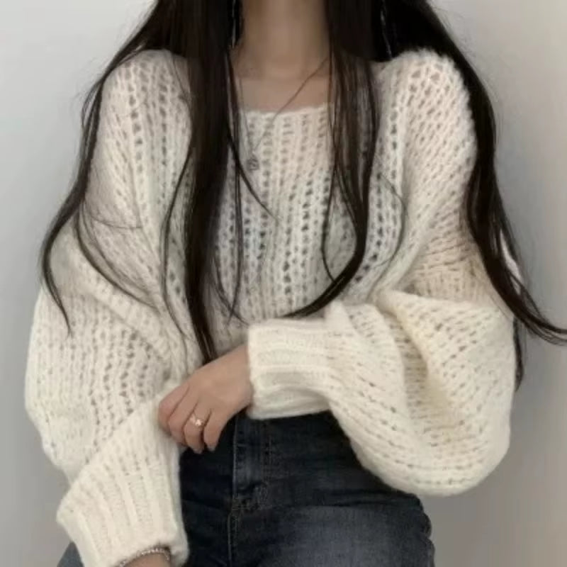 Autumn and Winter Women'S Pullover round Neck Solid Color Hollow Lantern Long Sleeve Sweater Knitwear Fashion Casual Loose Tops