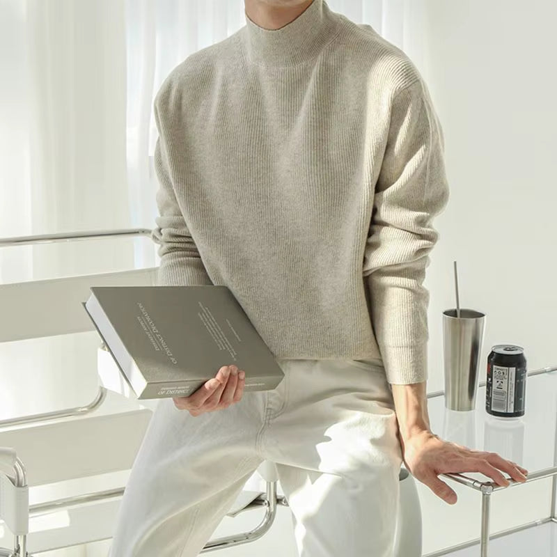 Knitted Sweaters for Men Pullovers Man Clothes Collared Solid Color Plain Tops Fun over Fit Knit Loose Heated Thick Winter Mode