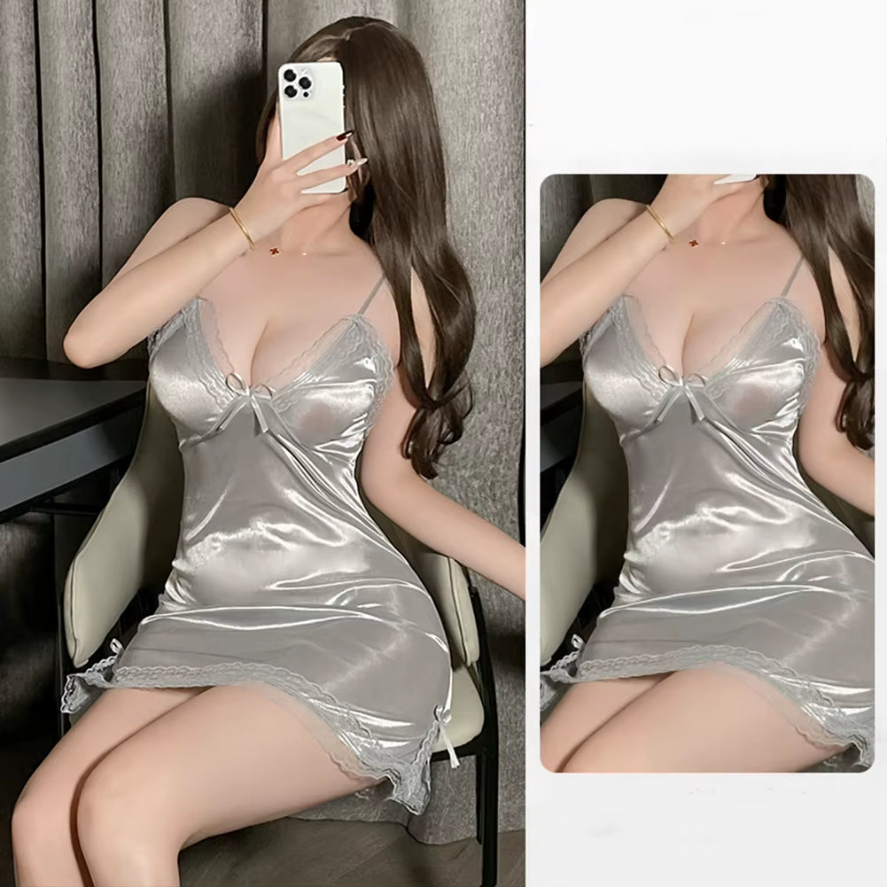 Sexy Women'S Translucent Nightwear Satin Suspender Short Nightdress Thin Lace Slit Bow Female Exotic Nightgown Sleepwear
