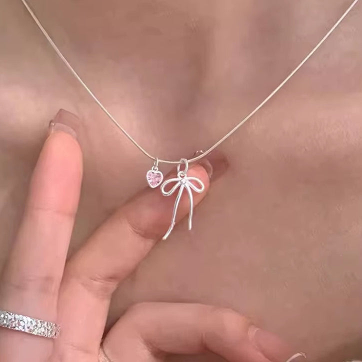 Pink Zircon Bowknot Pendant Necklaces for Women Girls Sweet Elegant Classic Simple Personality Engagement Jewelry Gifts