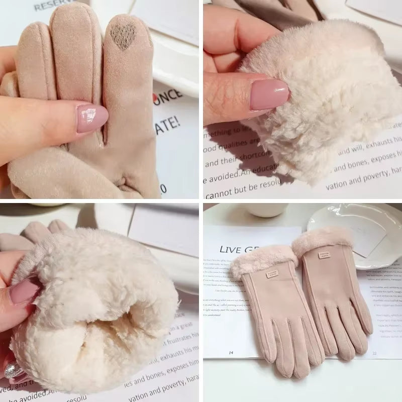 Women Winter Thick Plush Gloves Fashion Warm Suede Outdoor Guantes Lady Touchscreen Driving Gloves Sports Motos Cycling Mittens