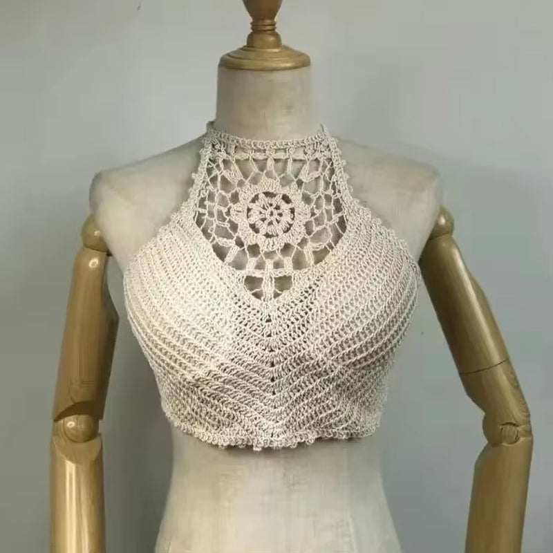 2024 Crop Tops Retro Wild Hollow Perspective Tassel Sexy Spaghetti Strap Tanke Top Women Built in Bra New Back Lace Halter Neck
