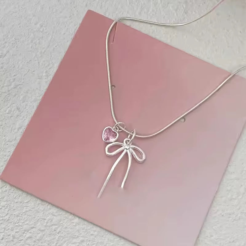Pink Zircon Bowknot Pendant Necklaces for Women Girls Sweet Elegant Classic Simple Personality Engagement Jewelry Gifts
