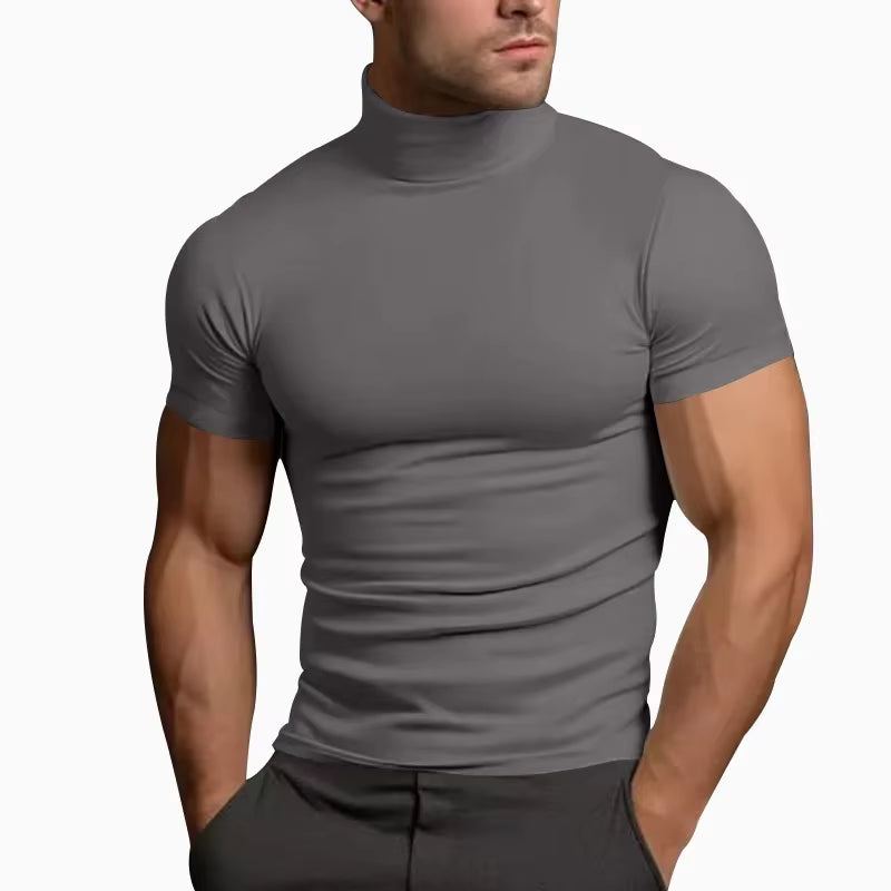 Summer Fashions Solid Color Short-Sleeved Fashion Bottoming Shirt Men'S Tight Turtleneck T-Shirt