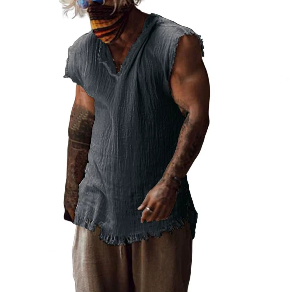 Men Vest Solid Color Casual Leisure Individual Old Style Loose Type Ripped Edge V Neck Sleeveless Men Tank Top Daily Clothes