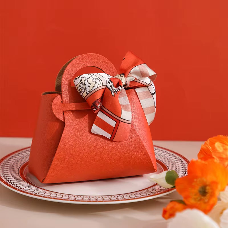 Mini Handbag with Ribbon Creative Foldable PU Leather Kids Gilrs Princess Handbag Coin Purses Wedding Decor Candy Bag Key Pouch