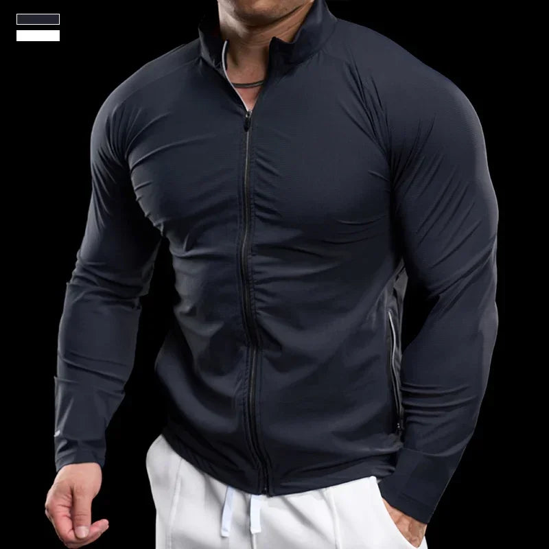 Men'S Sports Gym Jacket Running Fitness Training Long Sleeve Stretch Slim Standing Collar Tight Muscle Training Quick Dry Coat