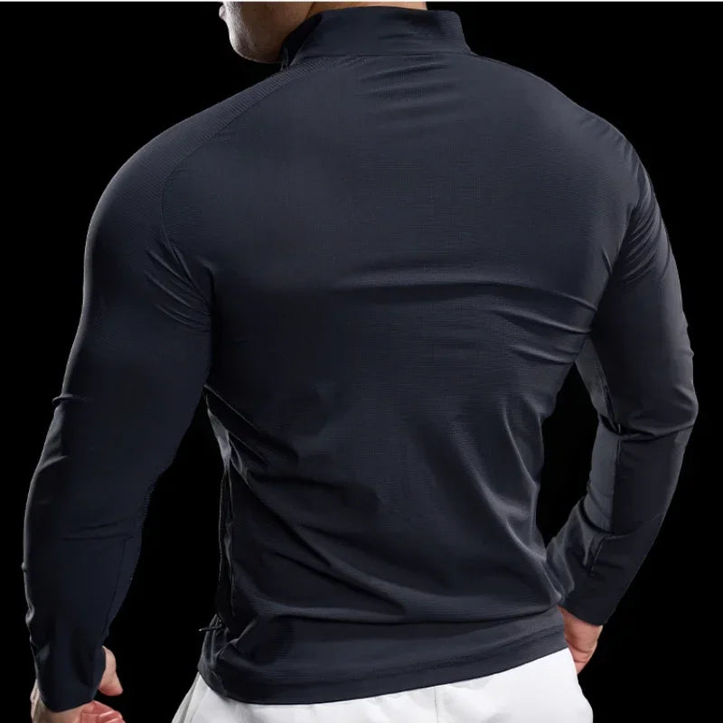 Men'S Sports Gym Jacket Running Fitness Training Long Sleeve Stretch Slim Standing Collar Tight Muscle Training Quick Dry Coat