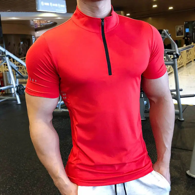 Men Tight Sport T-Shirt Short Sleeve Gym Running Clothing Fitness Compression Sportswear Zip Pullover Hiking Rashgard Sweatshirt