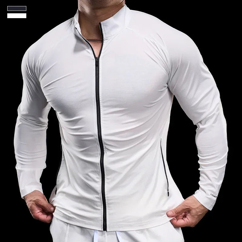 Men'S Sports Gym Jacket Running Fitness Training Long Sleeve Stretch Slim Standing Collar Tight Muscle Training Quick Dry Coat