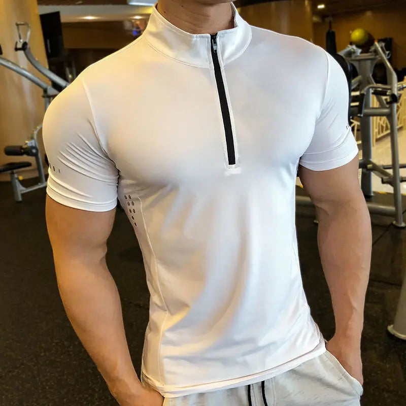 Men Tight Sport T-Shirt Short Sleeve Gym Running Clothing Fitness Compression Sportswear Zip Pullover Hiking Rashgard Sweatshirt
