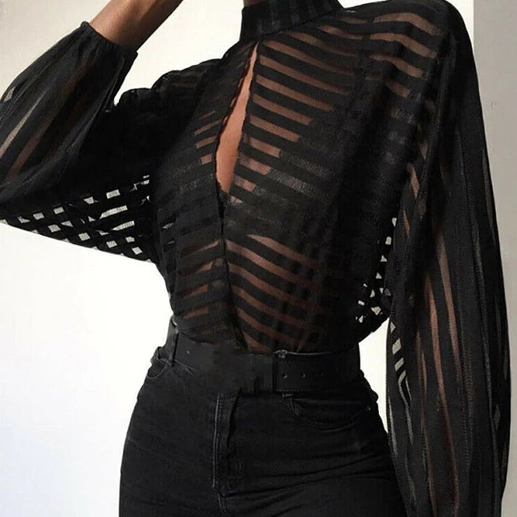Sexy Black Women Mesh Sheer Blouses Ladies Long Sleeve Striped Front Hollow Out Transparent Shirts Blusas Mujer Camisas