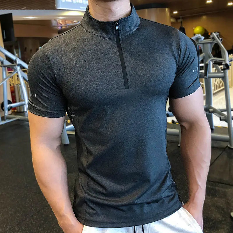 Men Tight Sport T-Shirt Short Sleeve Gym Running Clothing Fitness Compression Sportswear Zip Pullover Hiking Rashgard Sweatshirt