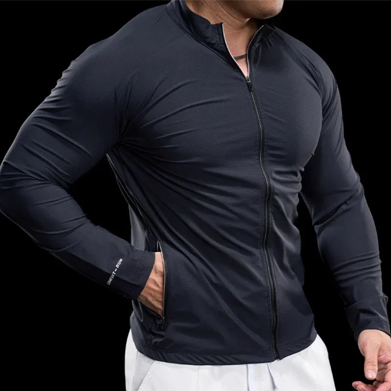 Men'S Sports Gym Jacket Running Fitness Training Long Sleeve Stretch Slim Standing Collar Tight Muscle Training Quick Dry Coat