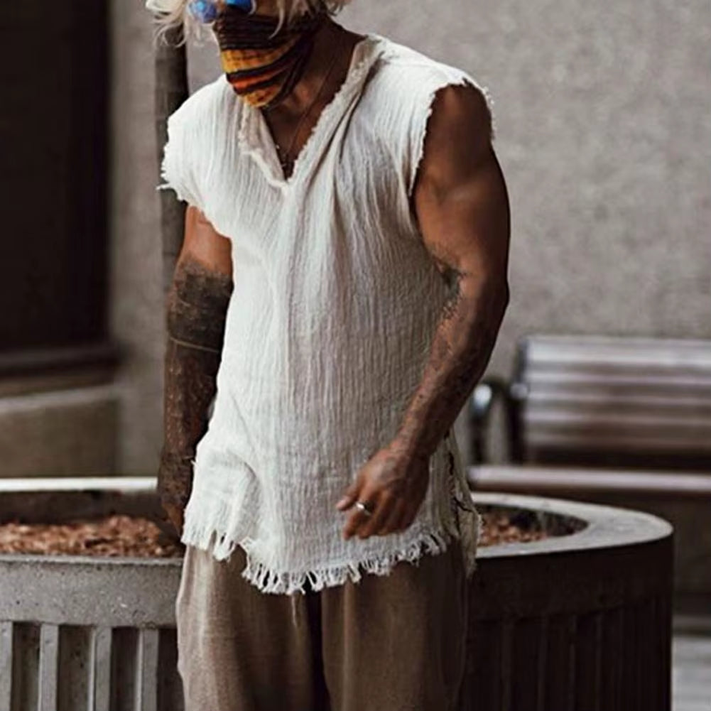 Men Vest Solid Color Casual Leisure Individual Old Style Loose Type Ripped Edge V Neck Sleeveless Men Tank Top Daily Clothes