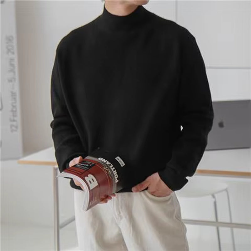 Knitted Sweaters for Men Pullovers Man Clothes Collared Solid Color Plain Tops Fun over Fit Knit Loose Heated Thick Winter Mode
