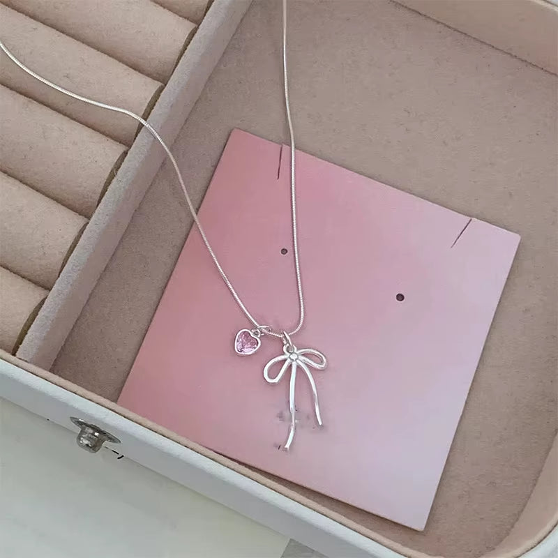 Pink Zircon Bowknot Pendant Necklaces for Women Girls Sweet Elegant Classic Simple Personality Engagement Jewelry Gifts