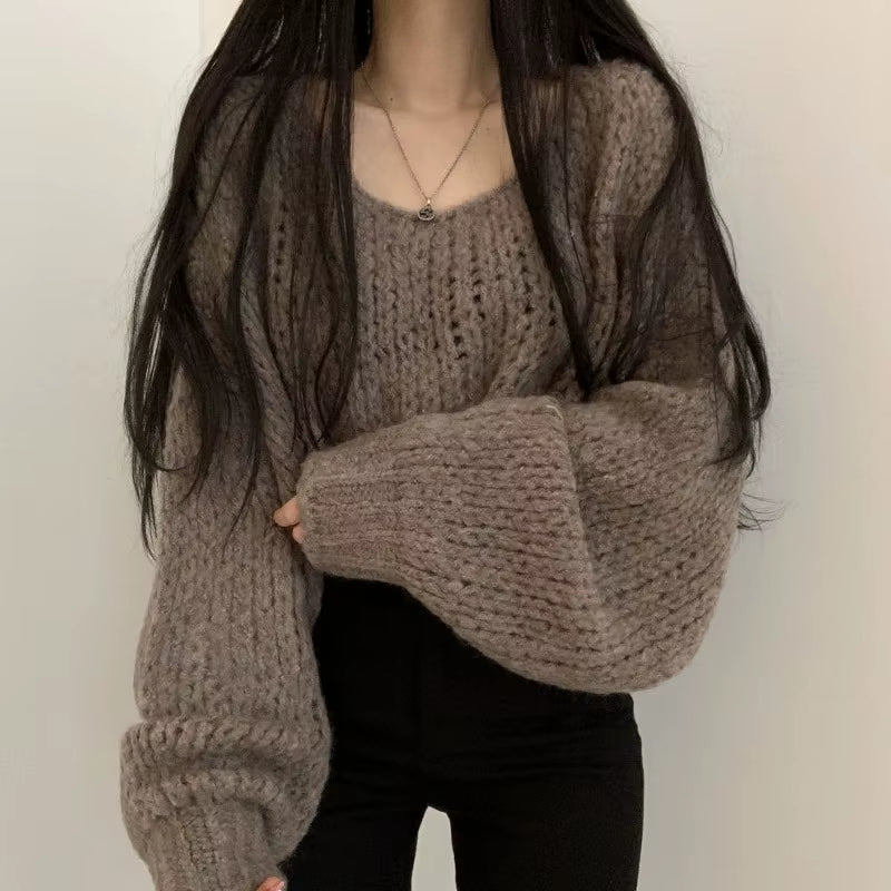 Autumn and Winter Women'S Pullover round Neck Solid Color Hollow Lantern Long Sleeve Sweater Knitwear Fashion Casual Loose Tops