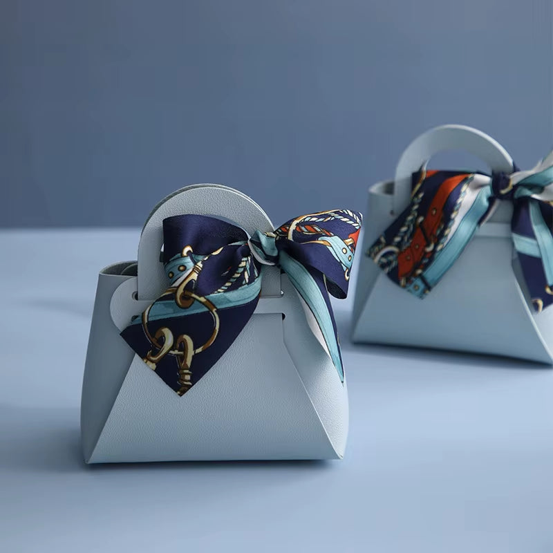 Mini Handbag with Ribbon Creative Foldable PU Leather Kids Gilrs Princess Handbag Coin Purses Wedding Decor Candy Bag Key Pouch