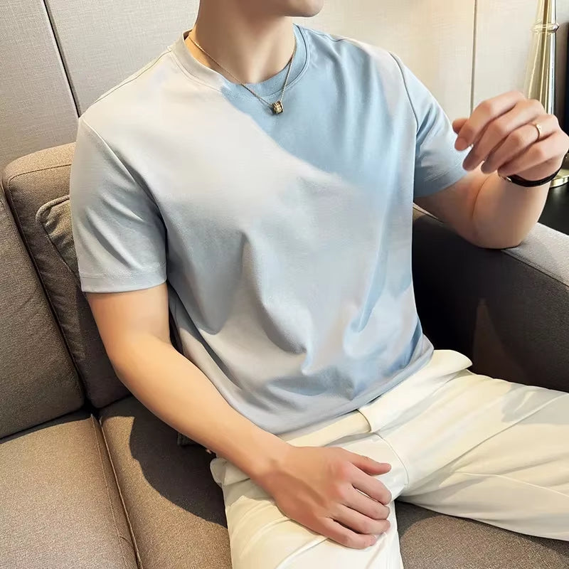 Mens T-Shirt 2024 Summer New Thin Ice Silk Pure Cotton Top round Neck T-Shirt Sports Fitness Running Casual Mens Clothing
