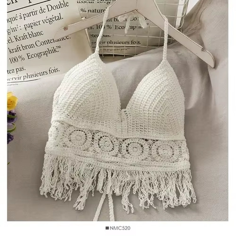2024 Crop Tops Retro Wild Hollow Perspective Tassel Sexy Spaghetti Strap Tanke Top Women Built in Bra New Back Lace Halter Neck