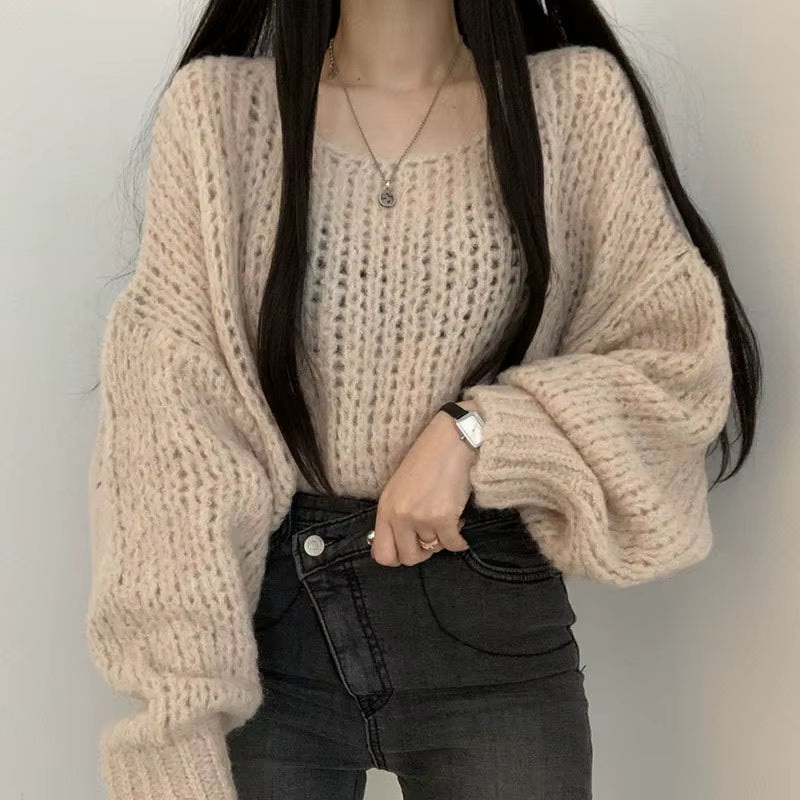 Autumn and Winter Women'S Pullover round Neck Solid Color Hollow Lantern Long Sleeve Sweater Knitwear Fashion Casual Loose Tops