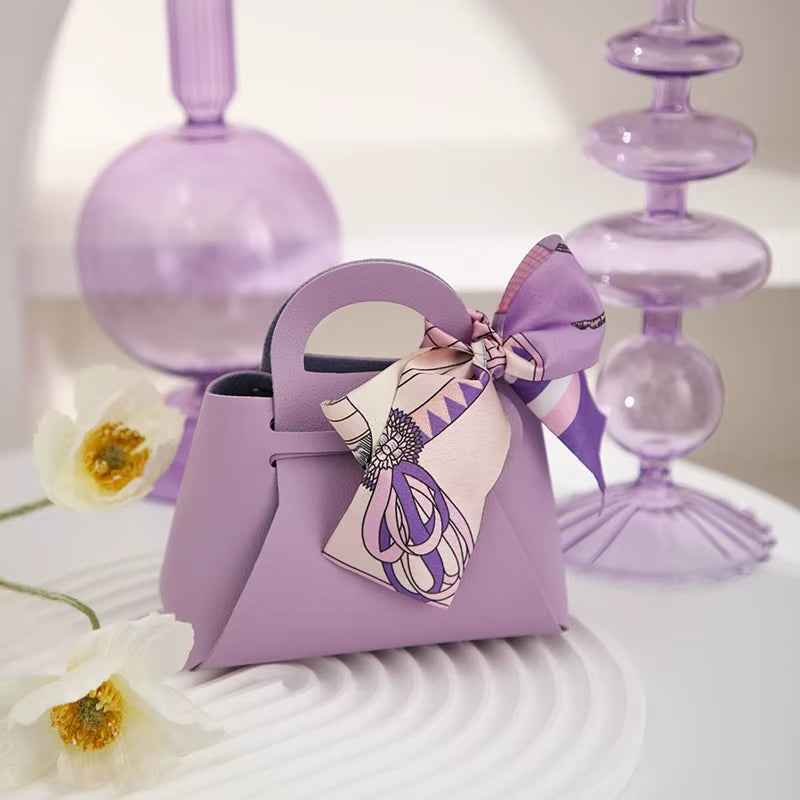 Mini Handbag with Ribbon Creative Foldable PU Leather Kids Gilrs Princess Handbag Coin Purses Wedding Decor Candy Bag Key Pouch