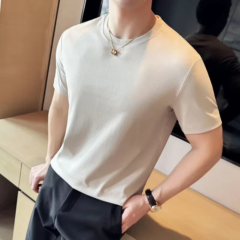 Mens T-Shirt 2024 Summer New Thin Ice Silk Pure Cotton Top round Neck T-Shirt Sports Fitness Running Casual Mens Clothing