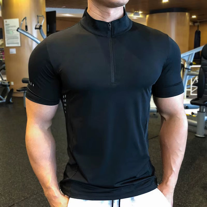 Men Tight Sport T-Shirt Short Sleeve Gym Running Clothing Fitness Compression Sportswear Zip Pullover Hiking Rashgard Sweatshirt