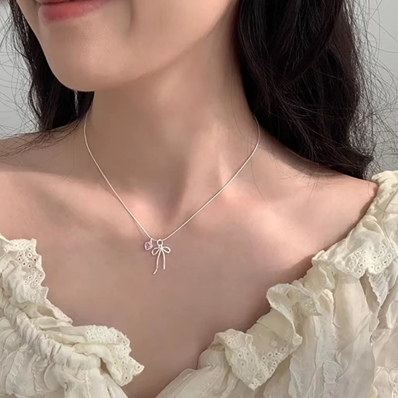 Pink Zircon Bowknot Pendant Necklaces for Women Girls Sweet Elegant Classic Simple Personality Engagement Jewelry Gifts