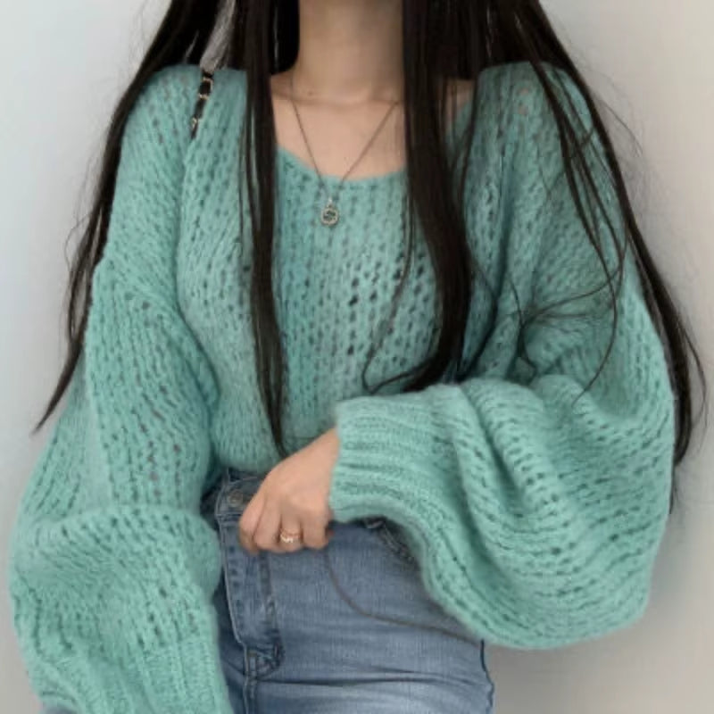 Autumn and Winter Women'S Pullover round Neck Solid Color Hollow Lantern Long Sleeve Sweater Knitwear Fashion Casual Loose Tops