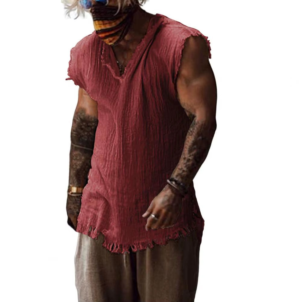 Men Vest Solid Color Casual Leisure Individual Old Style Loose Type Ripped Edge V Neck Sleeveless Men Tank Top Daily Clothes