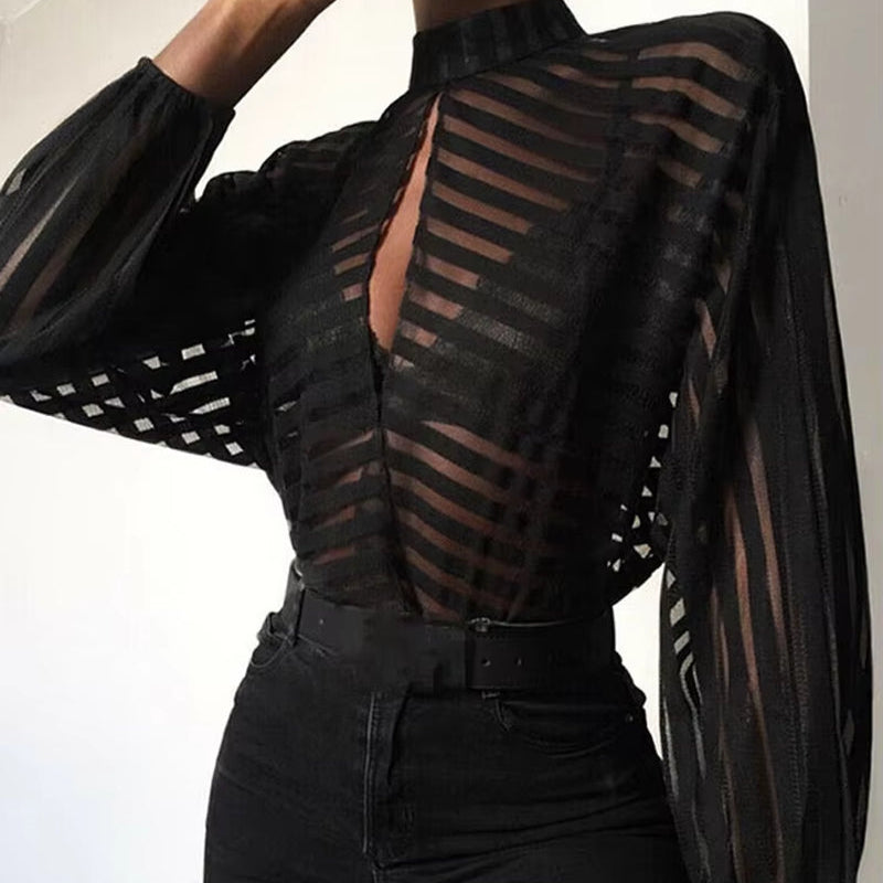 Sexy Black Women Mesh Sheer Blouses Ladies Long Sleeve Striped Front Hollow Out Transparent Shirts Blusas Mujer Camisas