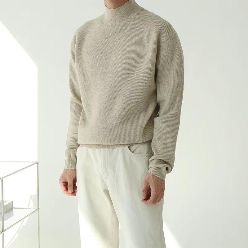 Knitted Sweaters for Men Pullovers Man Clothes Collared Solid Color Plain Tops Fun over Fit Knit Loose Heated Thick Winter Mode